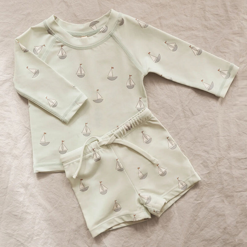 Quincy Mae Finn Rashguard + Short Set Sailboats