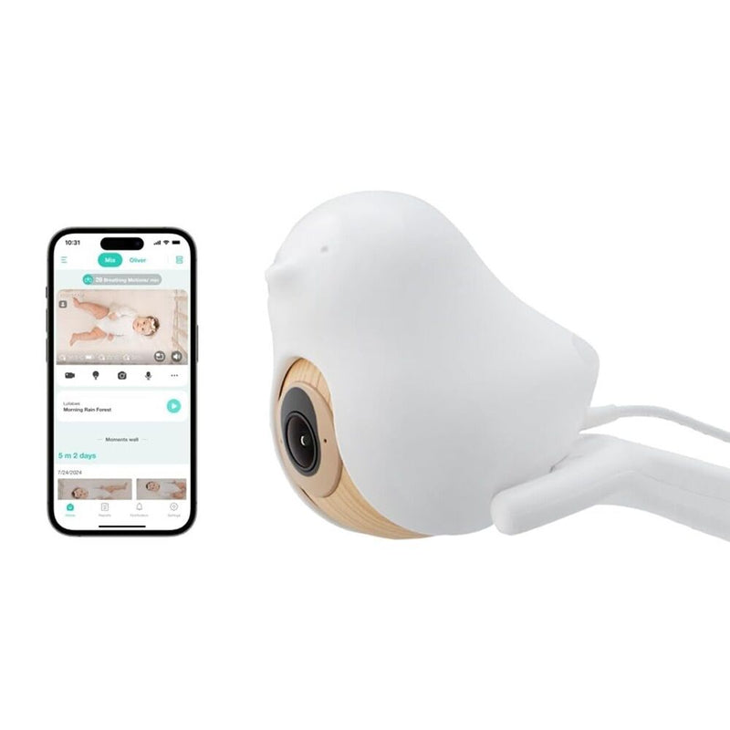 The CuboAi 2025 Smart Baby Monitor 3 Floor Stand Set by CuboAi, shaped like a bird, features a night vision camera and pairs with your smartphone for live baby video streaming, app controls, and sleep safety alerts.
