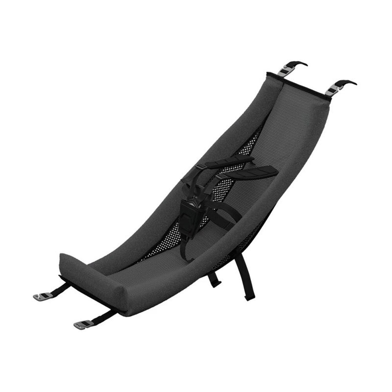 The Thule Chariot Infant Sling Gray by Thule features a gray contoured mesh seat with padded support, five-point harness, and attachment straps for secure seating in a baby bike trailer or stroller, pictured on a white background.