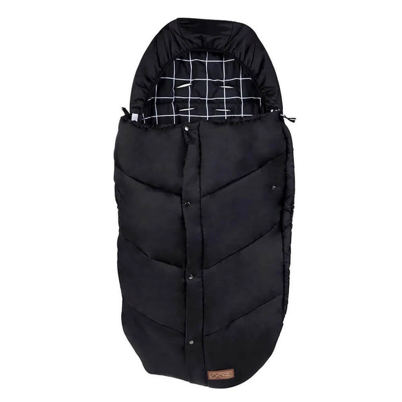 The Mountain Buggy Sleeping Bag by Mountain Buggy is a black, hooded harness-compatible sleeping bag with a grid-patterned lining, diagonal stitching, and front buttons—ideal for outdoor or cold weather use.