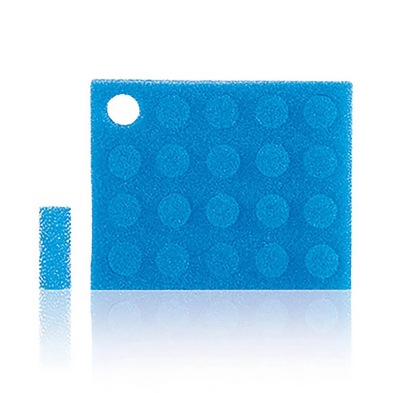 A blue rectangular foam pad by Frida Baby, designed to organize Nose Frida Filters using evenly spaced circular cutouts, includes one upright cylindrical foam piece removed from its slot for easy storage and access.