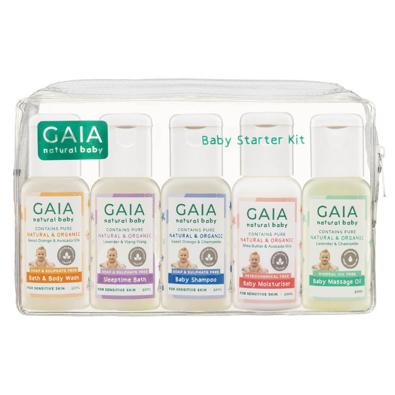 The Gaia Baby Starter Kit by Gaia is a clear zippered pouch containing five baby skincare essentials: Bath & Body Wash, Sleeptime Bath, Baby Shampoo, Baby Moisturiser, and Baby Massage Oil for gentle baby care.