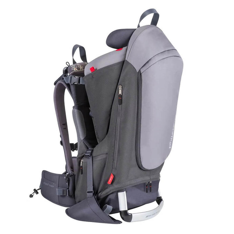 The Phil & Teds Escape Carrier by Phil & Teds is a gray and black hiking baby carrier featuring padded shoulder straps, a headrest, zippered pockets, and a sturdy metal frame for comfortable outdoor adventures.