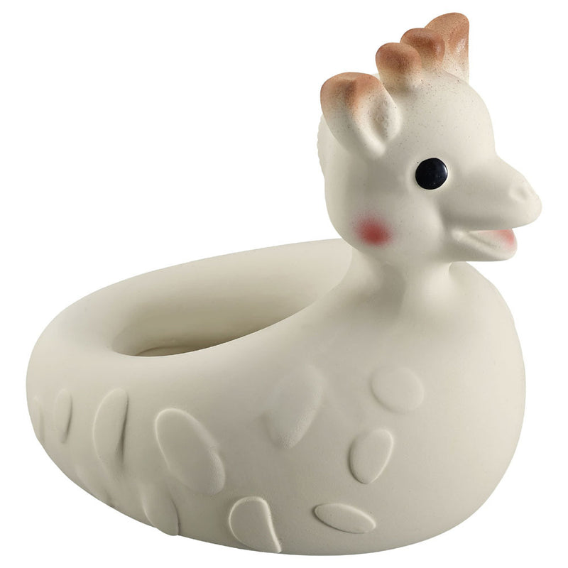 The Sophie La Girafe Bath Toy by Sophie is a small, white natural rubber giraffe with brown accents and black eyes. This floating bath toy has a hollow center and textured spots, ideal for babies and young children.