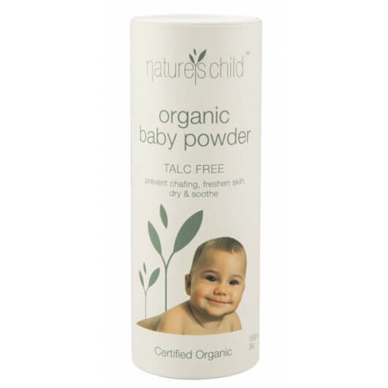 The Natures Child Baby Powder 100g, labeled "talc free," comes in a cylindrical container with a smiling baby and green leaf design on white—perfect for gentle nappy changes.