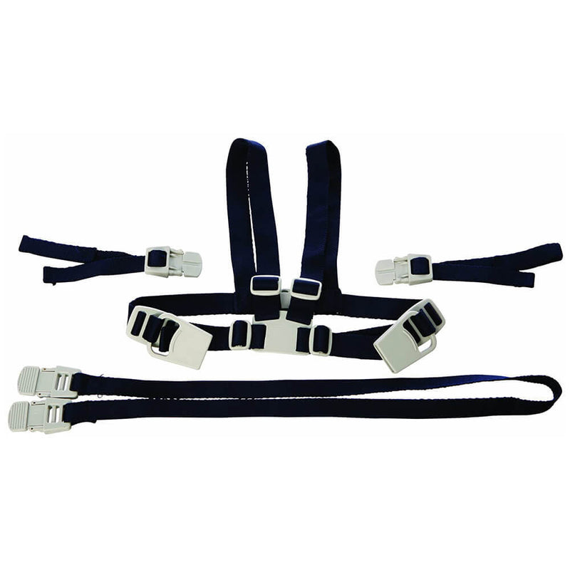 The Dreambaby F250 Safety Harness by Dreambaby, featuring black and silver adjustable straps with multiple buckles, is designed for child safety and shown laid flat on a white background.