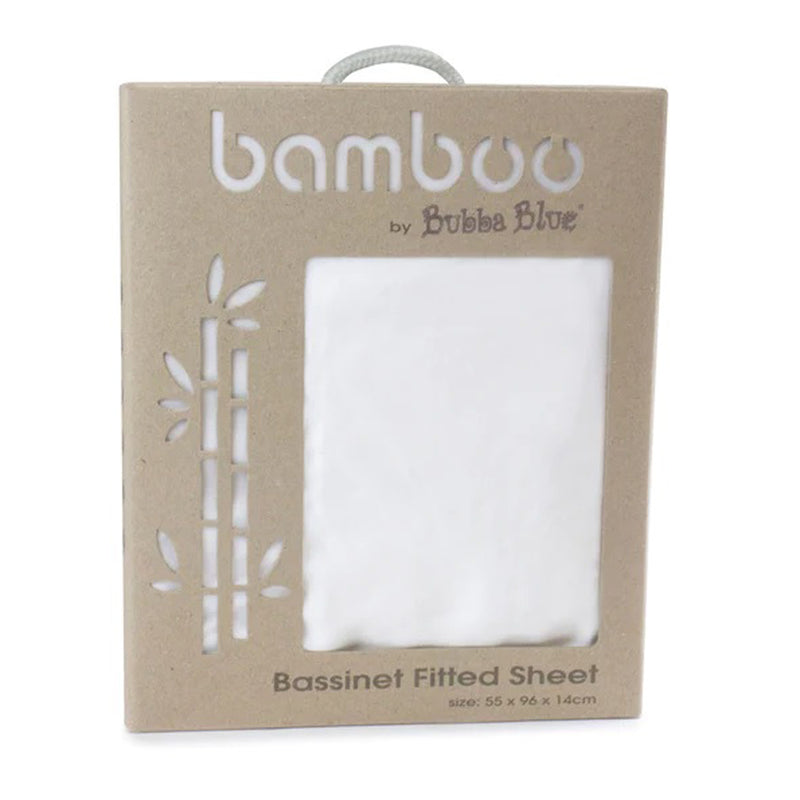 The Bubba Blue Bamboo Bassinet Fitted Sheet White comes in a branded box with bamboo graphics, a cutout window revealing the breathable sheet inside, and fits bassinets sized 55 x 96 x 14 cm.