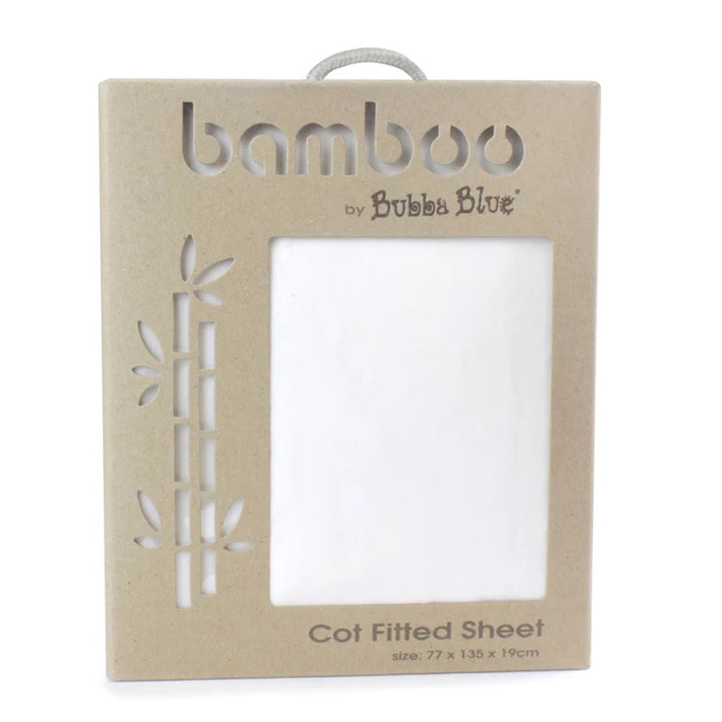 Brown packaging for the Bubba Blue Bamboo Cot Fitted Sheet, with bamboo cutout designs on the left and a clear window revealing white hypoallergenic bedding. Size 77 x 135 x 19 cm shown on pack. Brand: Bubba Blue.
