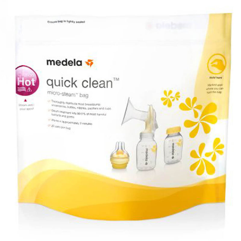 Medela Quick Clean Microwave Bags by Medela, with yellow and white accents, are ideal for steam sanitizing baby bottles and breast pump parts—perfect for convenient and reliable breast pump cleaning.