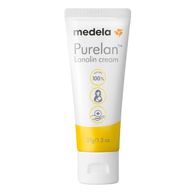 Medela Purelan 37g Tube by Medela features a white and yellow design, is labeled 100% natural, and is ideal for breastfeeding mothers to soothe sore nipples and care for baby.