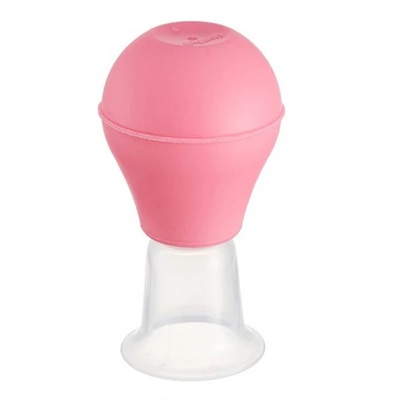 The Pigeon Nipple Puller by Pigeon features a pink silicone suction bulb and transparent cup, designed to assist breastfeeding mothers with inverted nipples.
