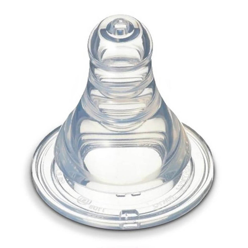 The Pigeon Peri Standard Neck Teat 2pk by Pigeon features clear silicone nipples with a wide base, rounded tip, small opening, and spiral ridges for flexibility—designed to support natural sucking and reduce nipple confusion.