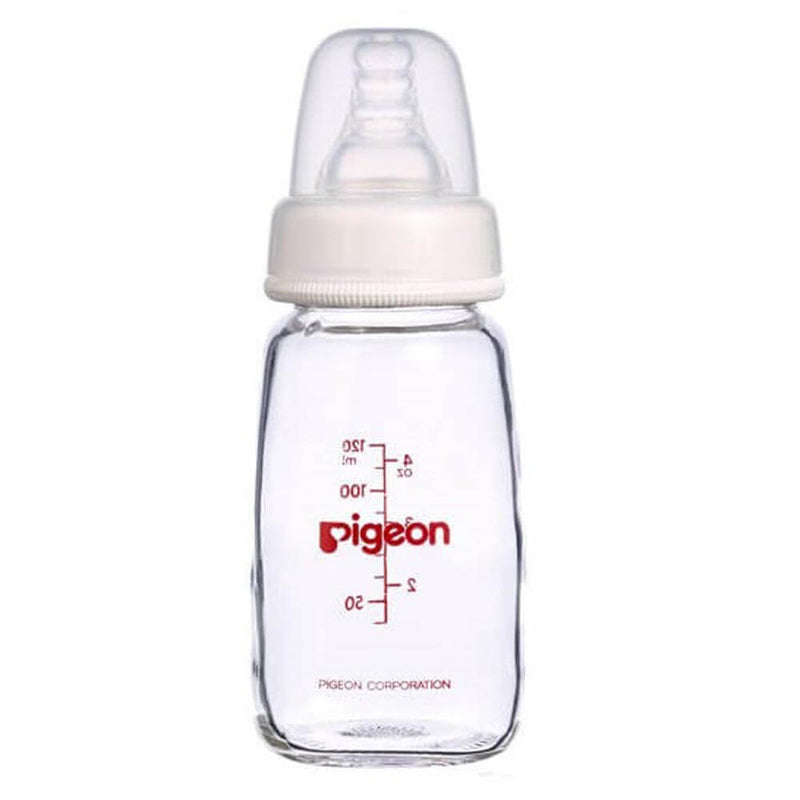 The Pigeon Glass Bottle is a clear borosilicate glass baby bottle featuring a white cap, peristaltic nipple, red measurement markings, and the Pigeon brand name on the front.