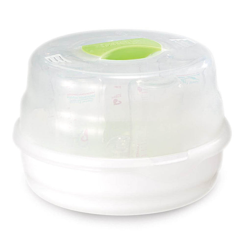 The Pigeon Microwave Steriliser by Pigeon is a white and clear, BPA-free plastic steriliser with a green handle, designed to quickly and efficiently sterilise baby bottles and accessories.
