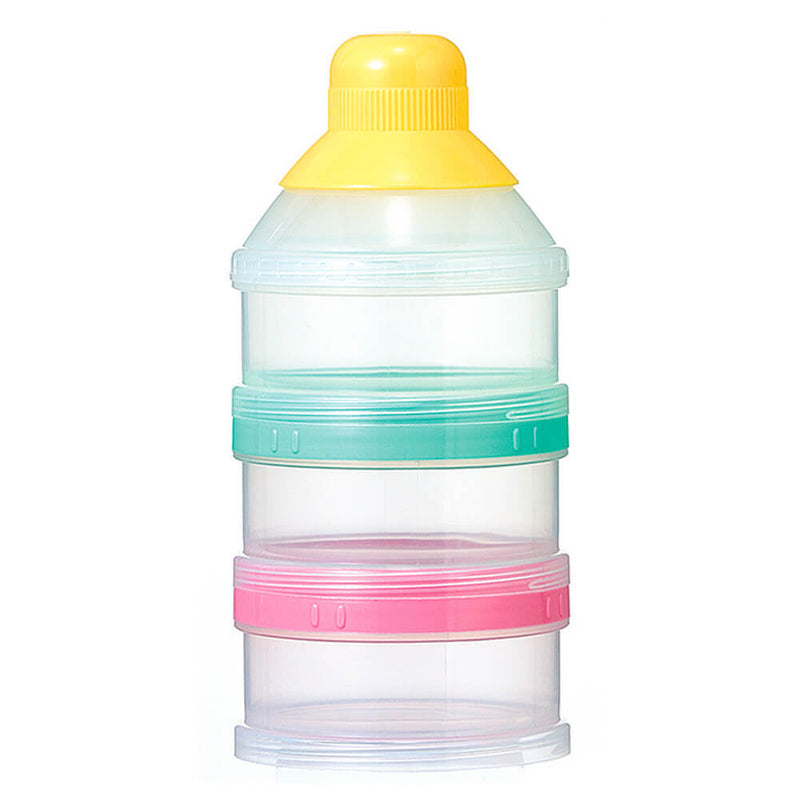 The Pigeon Milk Powder Container by Pigeon features three stackable, clear round compartments with green and pink lids, topped with a yellow funnel-shaped cap—ideal as a travel feeding container for organizing and dispensing powdered formula.