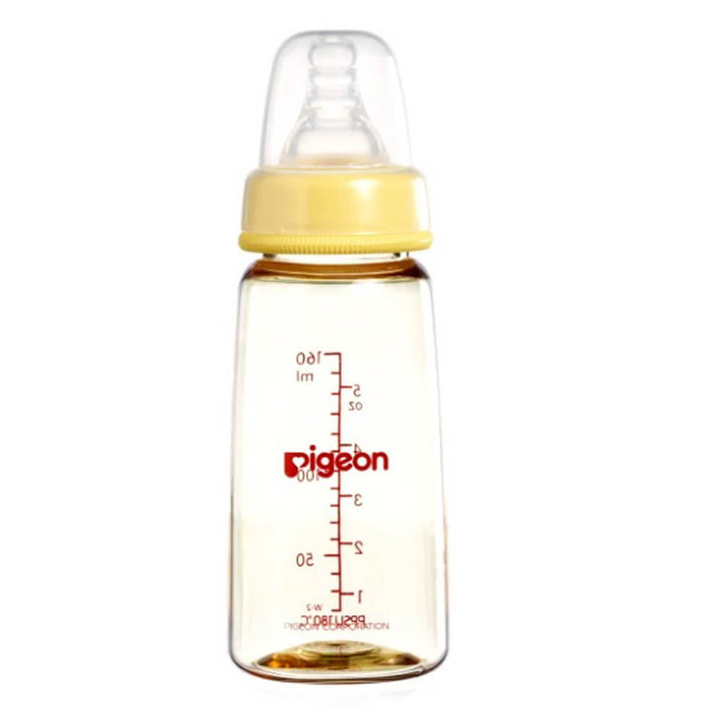The Pigeon PPSU Standard Neck Bottle is a transparent PPSU baby bottle with a yellow cap, clear peristaltic nipple, red measurement markings, and the BPA-free "Pigeon" brand printed on the front.