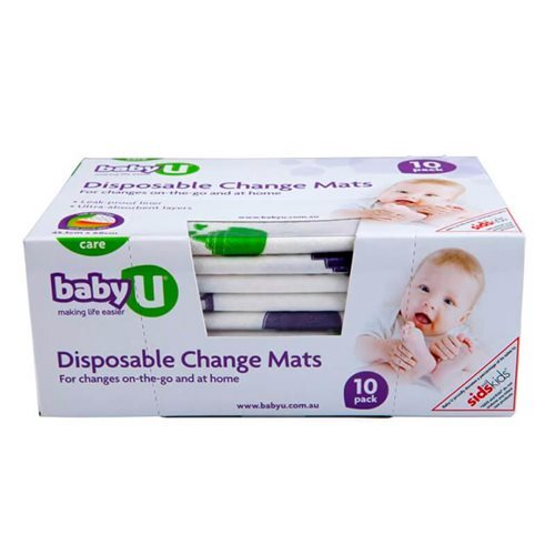 Baby U 10 Disposable Change Mats by Baby U come in a box with a baby image and text for on-the-go or at-home use. The open box reveals individually packed, absorbent mats perfect for travel changing needs.