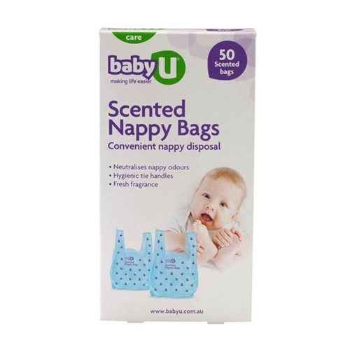 A box of Baby U Scented Nappy Bags features a baby image and two blue bags. It highlights convenient nappy disposal, odour control, hygienic tie handles, and a fresh scent for on-the-go freshness.