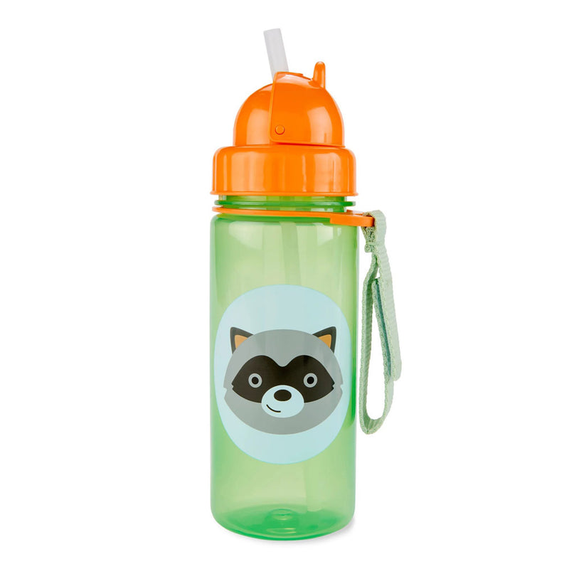 The Skip Hop Zoo Friends Straw Bottle by Skip Hop is a green BPA-free toddler bottle with an orange lid, built-in straw, cartoon raccoon face, and light green strap—perfect for kids transitioning from sippy cups.