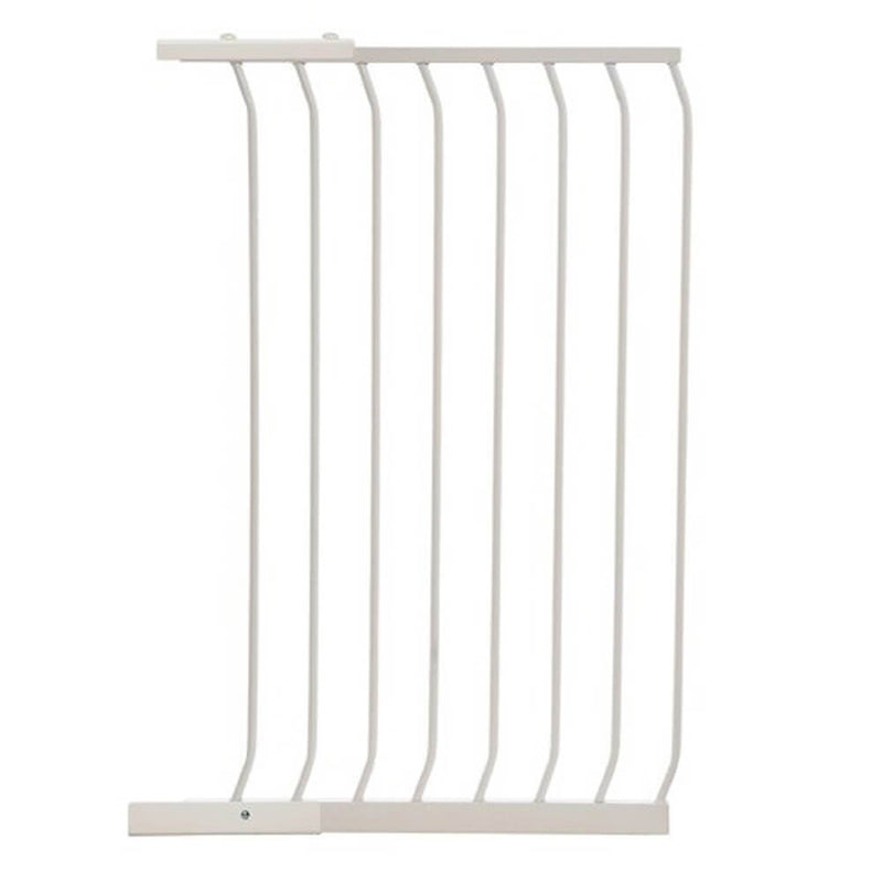 The Dreambaby F844 Chelsea Gate Tall Extension 63cm is a white metal add-on with vertical bars, designed to widen your Dreambaby Chelsea Tall or extra-wide gate for broader doorways or staircases.