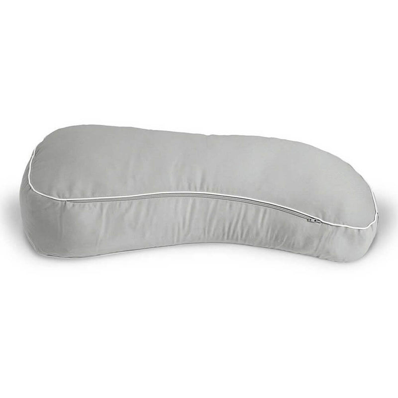 The Milkbar Nursing Pillow by Milkbar is a light gray, kidney-shaped pillow with a white zipper on one side, shown on a plain white background.