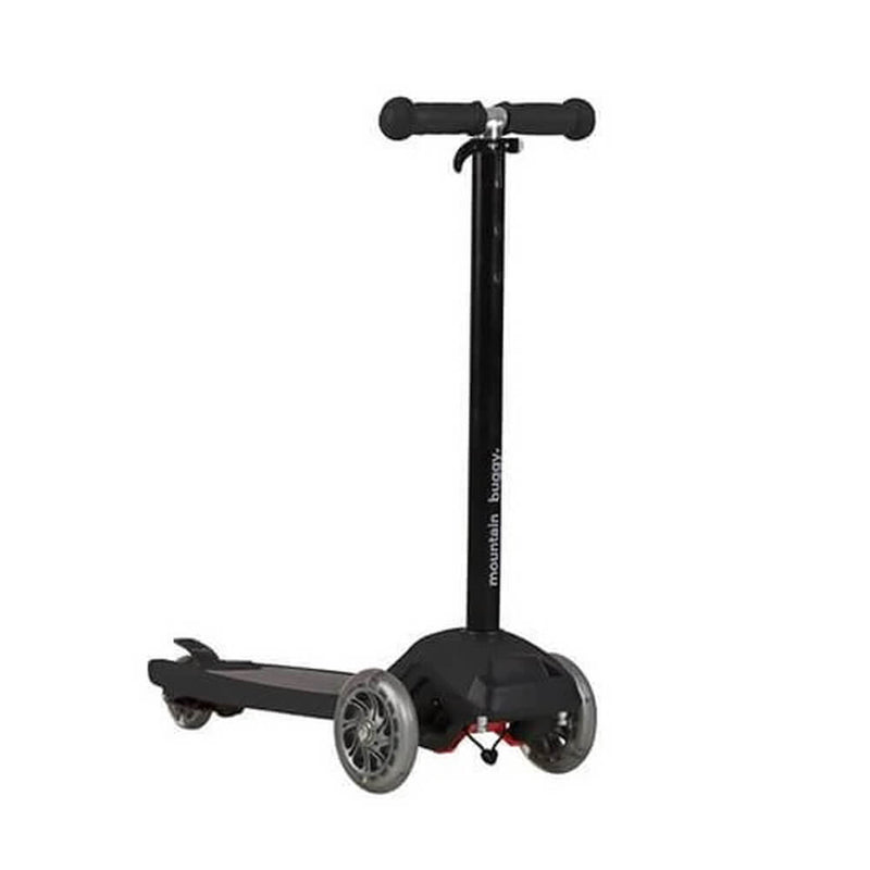 The Mountain Buggy Freerider Scooter is a black three-wheeled kids scooter with "Mountain Buggy" branding, two large front light-up wheels, one smaller rear wheel, handlebar grips, and a wide deck.