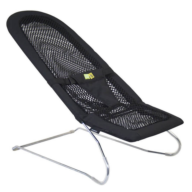 The Vee Bee Serenity Mesh Bouncer by Vee Bee features a black mesh seat, sturdy metal frame, and adjustable 3-point harness. Designed for infants, it offers gentle bouncing and angled support for safe indoor use.