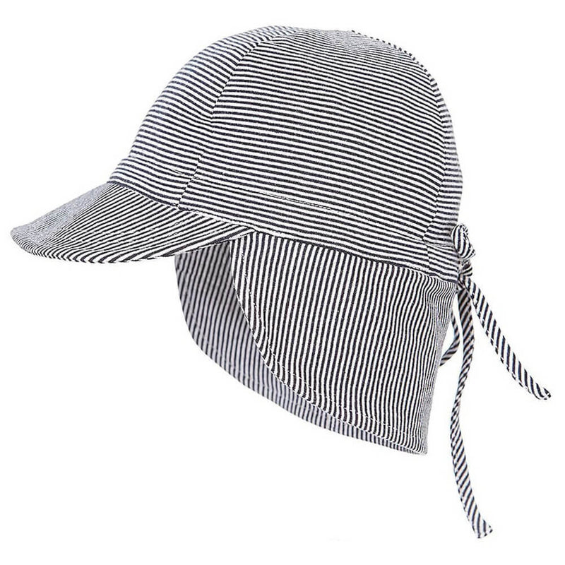 The Toshi Flap Caps by Toshi are black and white striped cotton baby hats featuring a wide brim, neck flap, and matching fabric ties at the back for sun protection.
