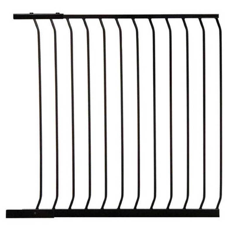 The Dreambaby F845 Chelsea Gate Tall Extension 100cm is a black metal extension with vertical bars, designed to securely add width to the Dreambaby Chelsea Tall Gate by attaching to both sides.