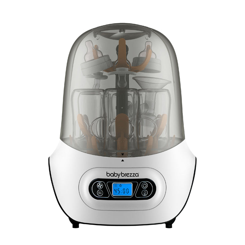 The Baby Brezza One Step Sterilizer & Dryer features a transparent dome lid showing baby bottles and accessories inside, with a digital display reading "45:00" on the front panel and the Baby Brezza brand name.