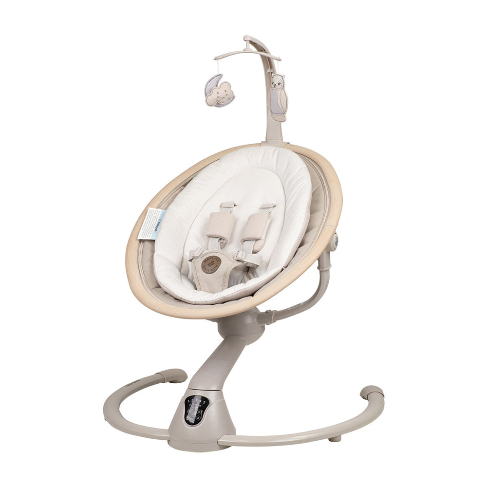 The Maxi Cosi Cassia Swing by Maxi Cosi features a beige and white cushioned seat, safety harness, mobile arm with plush toys, sturdy curved base, and provides soothing comfort for newborns.