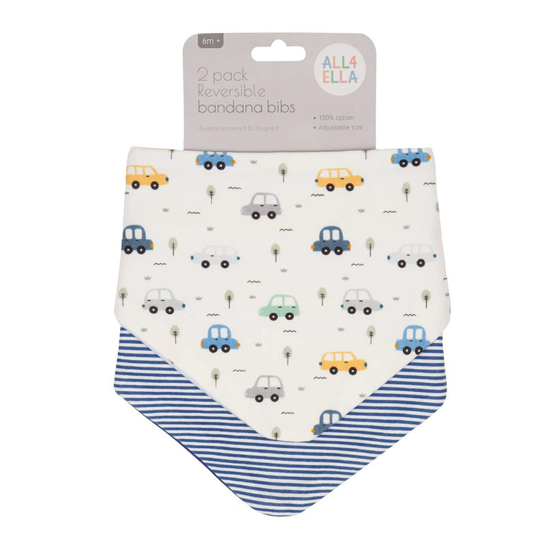 All4Ella Bandana Bibs 2pk Beep Beep includes two 100% cotton, reversible bibs: one with colorful cars and trees on white, the other with blue and white stripes. These absorbent bandana bibs offer style and comfort for babies.