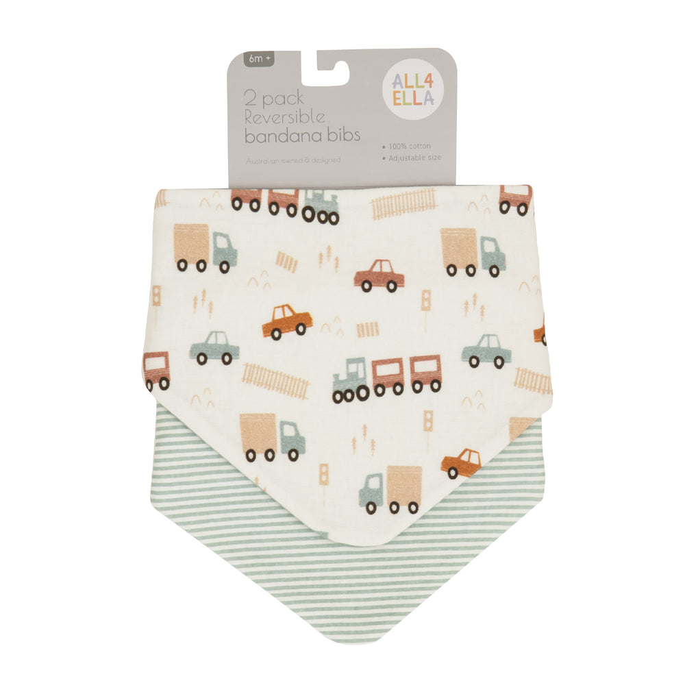 The All4Ella Bandana Bibs 2pk Blue Trucks includes two reversible cotton bibs: one with blue cars, trucks, and buses, and one with gray and white stripes. Packaging states "2 pack reversible bibs.