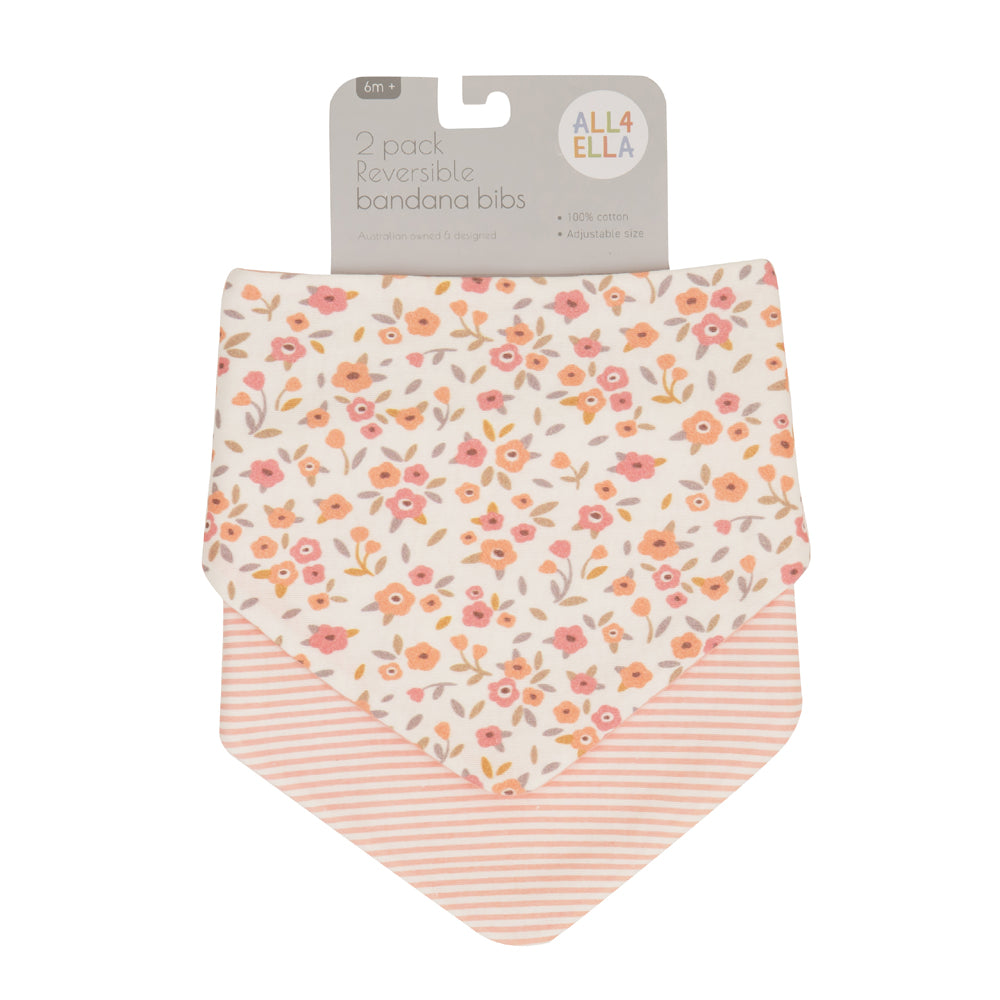 The All4Ella Bandana Bibs 2pk Floral Bouquet features two reversible, absorbent cotton bibs—one with a pink and orange floral design, the other with pink and white stripes—perfectly packaged for style and function.