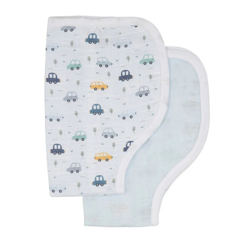 The All4Ella Burp Cloths 2pk Beep Beep set includes two absorbent muslin cloths: one with a pastel cars and trees design and one in plain light blue. Both feature rounded edges, white trim, and are from the All4Ella brand.