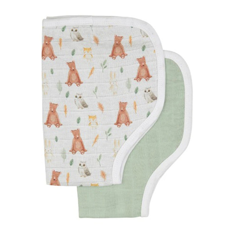 All4Ella Burp Cloths 2pk Forest Friends by All4Ella features two soft muslin cloths: one solid light green and one white with a pastel pattern of brown bears, owls, trees, and leaves. Both have rounded corners for comfort.
