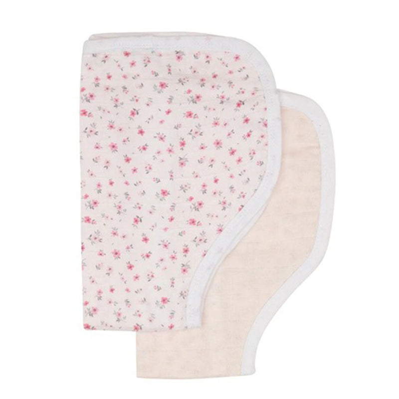 All4Ella Burp Cloths 2pk Pink Petals by All4Ella includes two soft, reusable cloths: one with a white background and small pink floral pattern, the other solid beige. Both feature curved edges and white trim for comfort and absorbency.