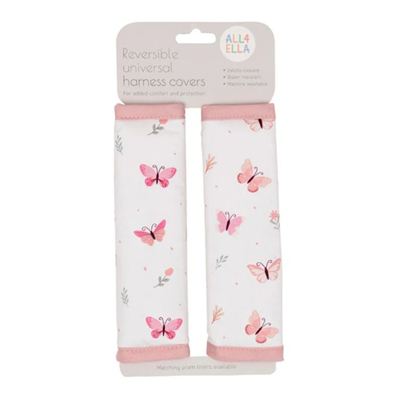 The All4Ella Harness Cover Sweet Butterfly features two pink and white reversible covers with a butterfly pattern, offering comfort and protection for babies. Packaged on a branded backing, they're ideal travel accessories from All4Ella.