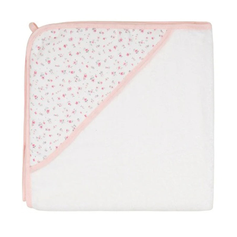 The All4Ella Hooded Towel Pink Petals features soft organic terry towelling in white with a pink border, and a muslin hood decorated with delicate pink and grey floral patterns.