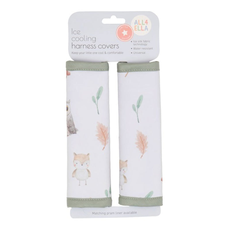 The All4Ella Ice Cooling Harness Cover Forest Friends features two white covers with green trim and playful animal and leaf designs, keeping your child cool and comfy in the stroller.