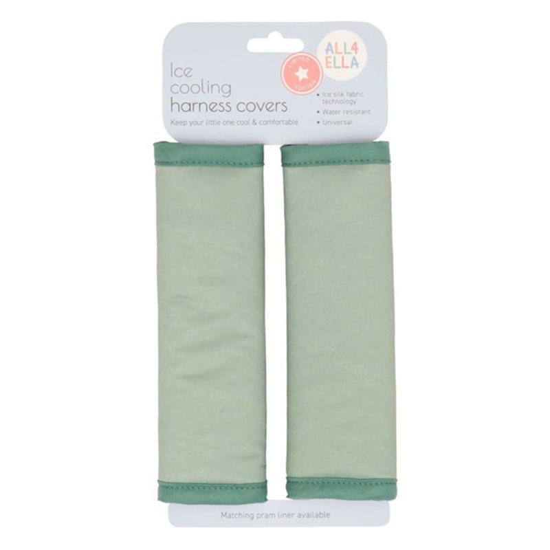 The All4Ella Ice Cooling Harness Cover Sage, shown in packaging, is water-resistant, fits most pram harnesses, and keeps children cool and comfortable.