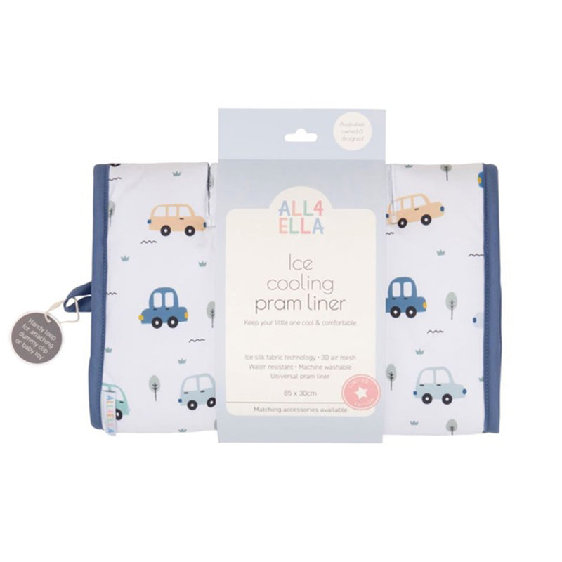The All4Ella Ice Cooling Pram Liner Beep Beep features a blue border and cartoon cars and trees on white, packaged to highlight its cooling, water-resistant, machine-washable, and breathable ice silk fabric.