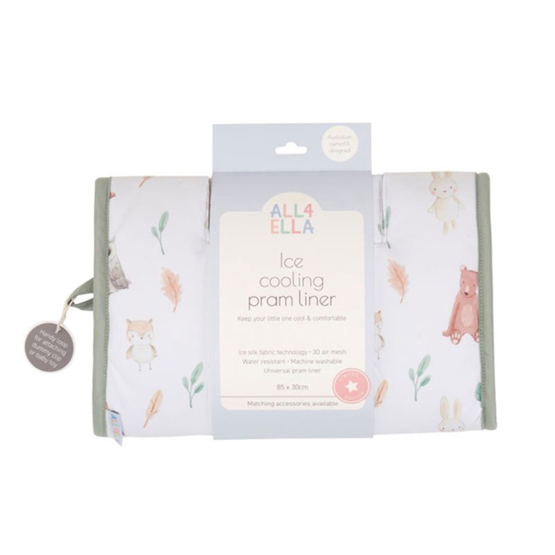 A rolled-up All4Ella Ice Cooling Pram Liner Forest Friends with woodland animal print, including foxes and bears, alongside its packaging.