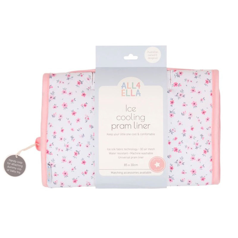 The All4Ella Ice Cooling Pram Liner Pink Petals features breathable ice silk fabric, a pink floral design with light pink trim, and offers cooling, washable, and universal fit benefits as highlighted on the packaging.
