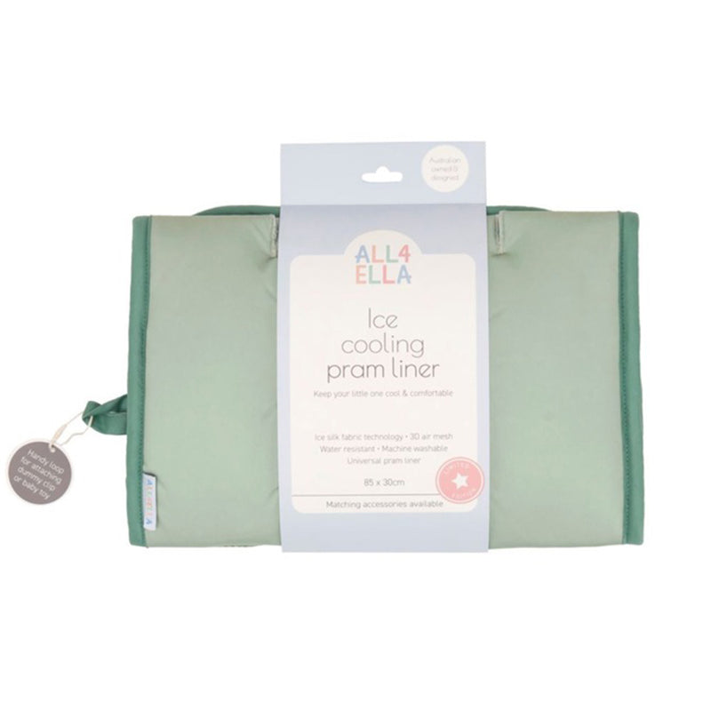 The All4Ella Ice Cooling Pram Liner Sage is a light green, breathable pram liner in packaging labeled "All4Ella." Features include ice silk fabric, 3D air mesh, water resistance, and machine washability.
