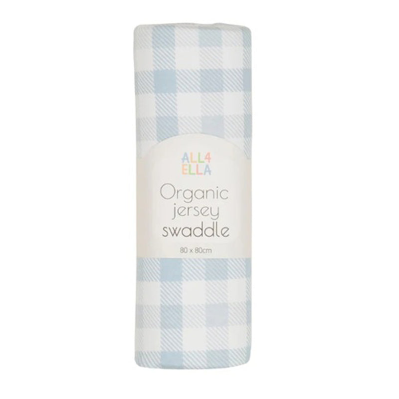 A rolled-up All4Ella Jersey Swaddle Gingham Blue, made of organic cotton with a label reading “ALL4ELLA Organic jersey swaddle 80 x 80 cm.”.