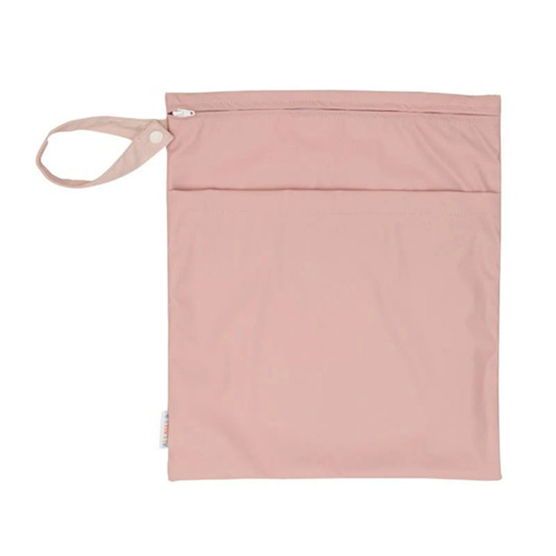 The All4Ella Large Recycled Wet Bag Pink is a pale pink, square waterproof bag with a top zipper and left-side snap handle. Made from smooth recycled fabric, this minimalist storage option is both stylish and eco-conscious.