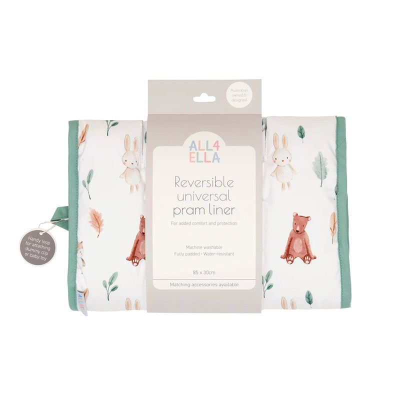The All4Ella Pram Liner Forest Friends is a reversible, universal pram liner in white with green trim, featuring cute rabbit, bear, and leaf prints. It comes folded and boxed by All4Ella.