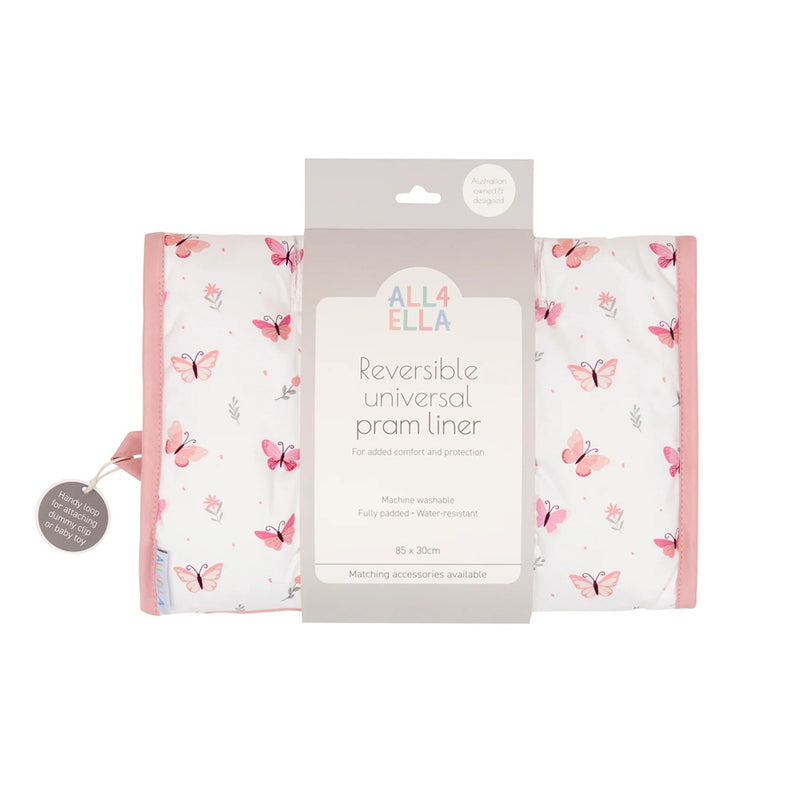 The All4Ella Pram Liner Sweet Butterfly is a reversible, fully padded, and water-resistant stroller liner featuring a pink trim and butterfly design. The universal fit liner is machine washable and comes packaged by All4Ella.