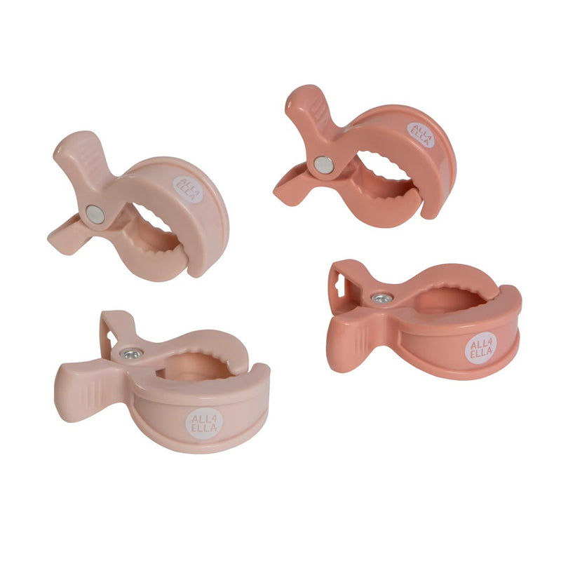 Four pastel plastic All4Ella Pram Pegs—two light pink, two peach—with rounded edges and circular grips are pictured on a white background, each embossed with "ALL4ELLA"—ideal for securing muslin swaddles to your stroller.